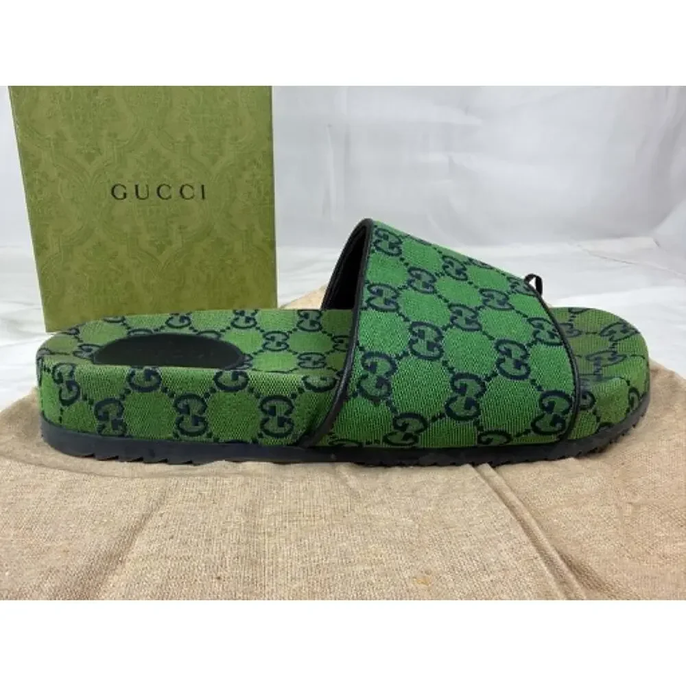 Gucci GG Monogram Sandals 665660 Green Canvas Mens US 9.5 SPB-TS 340692